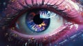 Multi-colored human eye with colored drops, makeup, macro