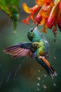 multi-colored Humming bird feeding from a nectar