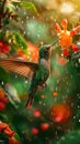 multi-colored Humming bird feeding from a nectar in a rainy day