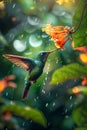 multi-colored Humming bird feeding from a nectar in a rainy day