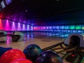 Multi-colored illumination of lanes in a huge bowling alley