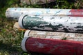 Multi colored image of show jumping poles at the show jumping arena. Wooden barriers for jumping horses as a background Royalty Free Stock Photo