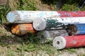 Multi colored image of show jumping poles at the show jumping arena. Wooden barriers for jumping horses as a background Royalty Free Stock Photo