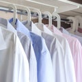 Multi-colored ironed men`s shirts hang on a hanger, selective focus Royalty Free Stock Photo