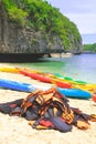 Multi-colored kayaks on the ocean. active travel vacation Royalty Free Stock Photo
