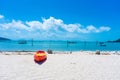 Multi-colored kayaks on a tropical sandy beach. Kayak rental. Tourist entertainment Royalty Free Stock Photo