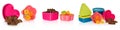 Multi colored kitchen molds with raisins and candy. Box closed in the shape of heart, star, asquare and a circle. Royalty Free Stock Photo