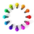 Multi colored lightbulbs in circle formation. 3D illustration