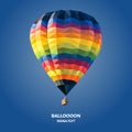 A multi-colored low-poly balloon is depicted on a blue background.