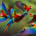 Multi colored macaw flying in tropical climate ,generative AI Royalty Free Stock Photo