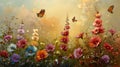 multi-colored mallow flowers on the field, flying butterflies against the background of sunrise, style painting, digital art, Royalty Free Stock Photo