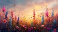 multi-colored mallow flowers on the field, flying butterflies against the background of sunrise, style painting, digital art, Royalty Free Stock Photo