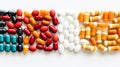 Multi-colored medical drugs tablets, oil capsules and vitamins, white background. Healthy lifestyle medicine, healthcare