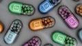 Multi-colored mineral pills on gray surface. 3D illustration