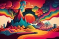 Multi-colored mountains, tree, sky, fantastic nature. Surreal psychedelic hallucinogenic fantasy landscape.