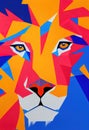 Multi-colored muzzle of a lion. Close-up of sharp edges. AI-generated