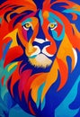 Multi-colored muzzle of a lion. Close-up. Warm and cold shades. AI-generated
