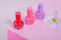 Multi-colored nail polishes on a pink background with a white flower. Beauty concept Royalty Free Stock Photo