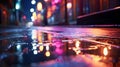 Multi-colored neon lights on a dark city street, reflection of neon light in puddles and water.