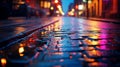 Multi-colored neon lights on a dark city street, reflection of neon light in puddles and water.