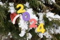 multi-colored numbers 2024, a toy Santa hat lie on a coniferous tree in the snow