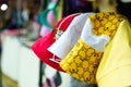 Multi-colored Panama hats on the counter of a trade tent at a fair. Royalty Free Stock Photo