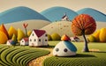 Multi-colored pebbles intricately placed to create houses, a windmill, and a lone autumn tree with fiery red leaves