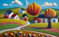 Multi-colored pebbles intricately placed to create houses, a windmill, and a lone autumn tree with fiery red leaves