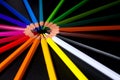 Multi-colored pencils form an offset circle in the image with their tips Royalty Free Stock Photo