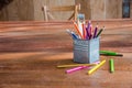 Color pencils, Crayon on the iron pot with ruler Royalty Free Stock Photo