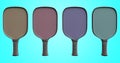 Multi-colored pickleball rackets with a black handle in a row on an isolated background. 3d rendering