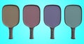 Multi-colored pickleball rackets with a black handle in a row on an isolated background. 3d rendering Royalty Free Stock Photo
