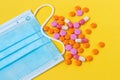 Multi-colored pills and a blue disposable mask on a bright yellow background, top view. Medication for the disease. Drugs from cor