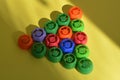 Multi-colored plastic corks from baby food, zero life-style waste, recycling garbage