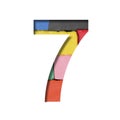Multi-colored plasticine font. The digit seven, 7 is cut out of paper on a background with a piece of colored plasticine. Set of