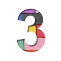 Multi-colored plasticine font. The digit three, 3 is cut out of paper on a background with a piece of colored plasticine. Set of