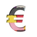 Multi-colored plasticine font. Euro money symbol cut out of paper on a background of pieces of colored plasticine. A set of