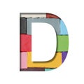 Multi-colored plasticine font. Letter D cut out of paper on a background of pieces of colored plasticine. A set of volumetric