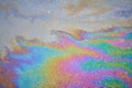 Multi-colored poisonous spots of spilled gasoline on wet pavement during rain. Royalty Free Stock Photo