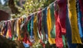 Multi colored prayer flags hanging in a row symbolize Tibetan Buddhism generated by AI