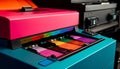 Multi colored printer produces creative printouts for business industry orders generated by AI