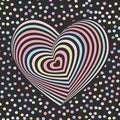 Multi-colored rainbow heart on black background. Optical illusion of 3D three-dimensional volume. pastel colors polka dot backgrou Royalty Free Stock Photo