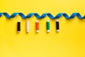 Sewing materials. Multi-colored threads, meter tape. Top View Royalty Free Stock Photo