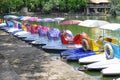 Multi-colored rental pedal boats Royalty Free Stock Photo