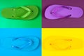 multi-colored rubber flip flops on multicolored backgrounds, view from above