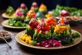 multi-colored salads with vegetable dreidels on top Royalty Free Stock Photo