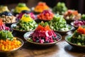 multi-colored salads with vegetable dreidels on top Royalty Free Stock Photo