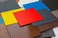 Multi-colored samples of composite materials for the ventilated facades in showroom