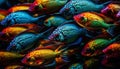 Multi colored school of fish swimming in striped coral reef background generated by AI