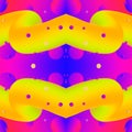 Multi-colored seamless mirror abstraction with symmetrical yellow and pink liquids and balls on a gradient background. 3D image